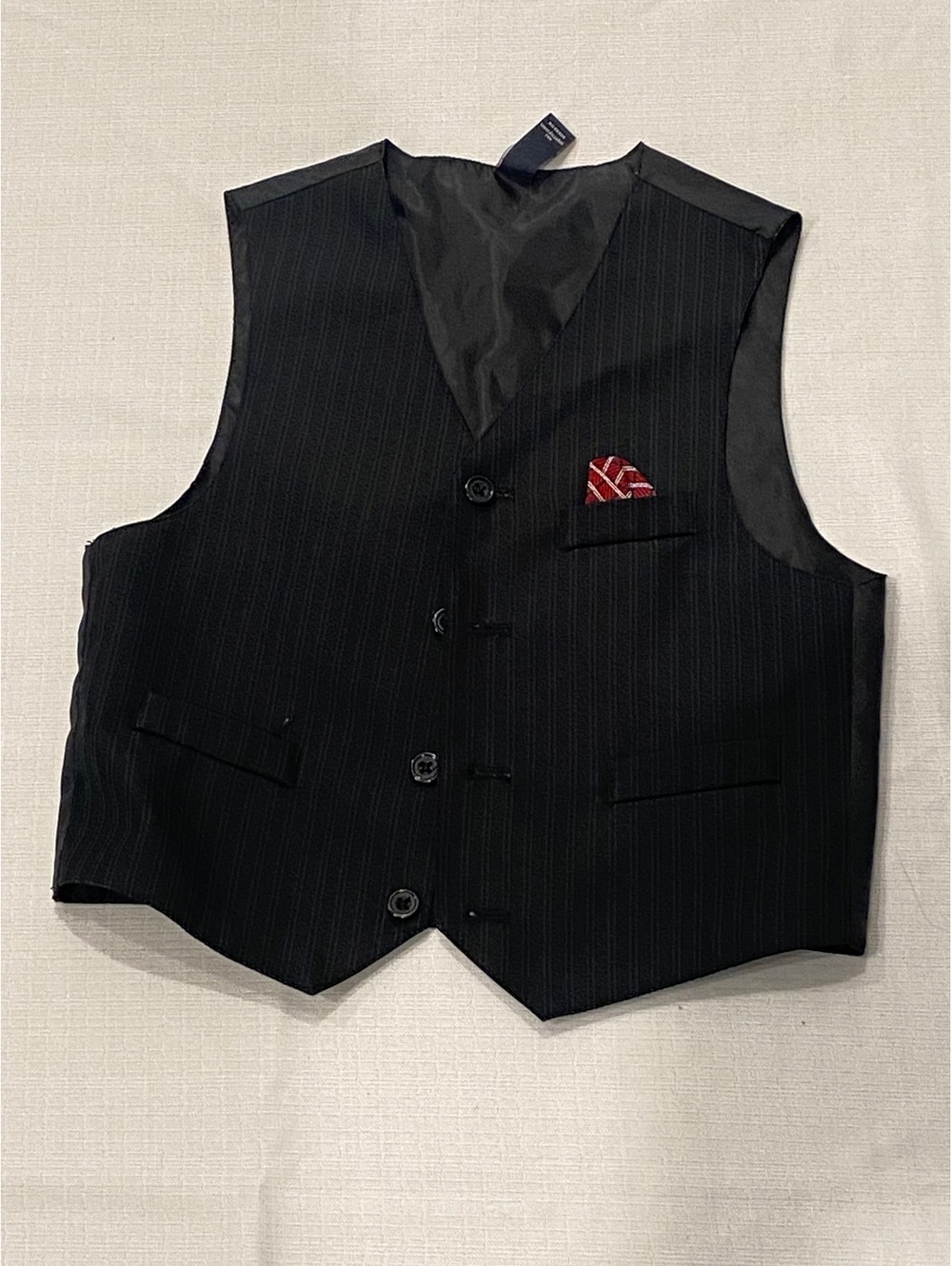 Class Club Black Pinstripe Formal Vest with Red Pocket Square